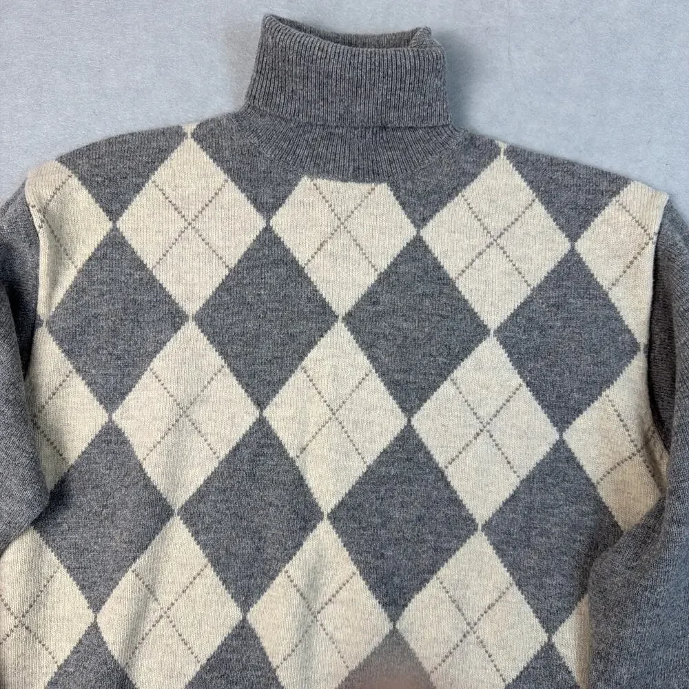 SHIPS English Argyle Pullover Lambswool‎ Sweater Turtleneck Mens L Gray Cream
